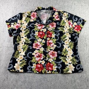 Women's Vintage Ho Aloha Hawaiian Black Floral Short Sleeve Blouse/Top Size XL
